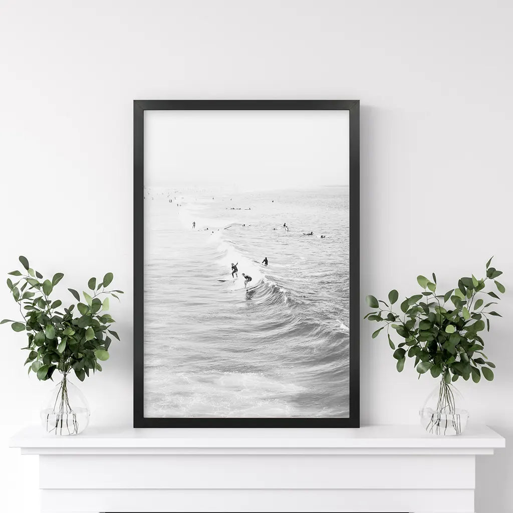 Black White Surfers on the Waves Wall Decor. Black Frame