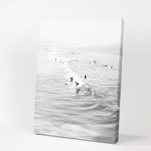 Load image into Gallery viewer, Black White Surfers on the Waves Wall Decor. Canvas Print
