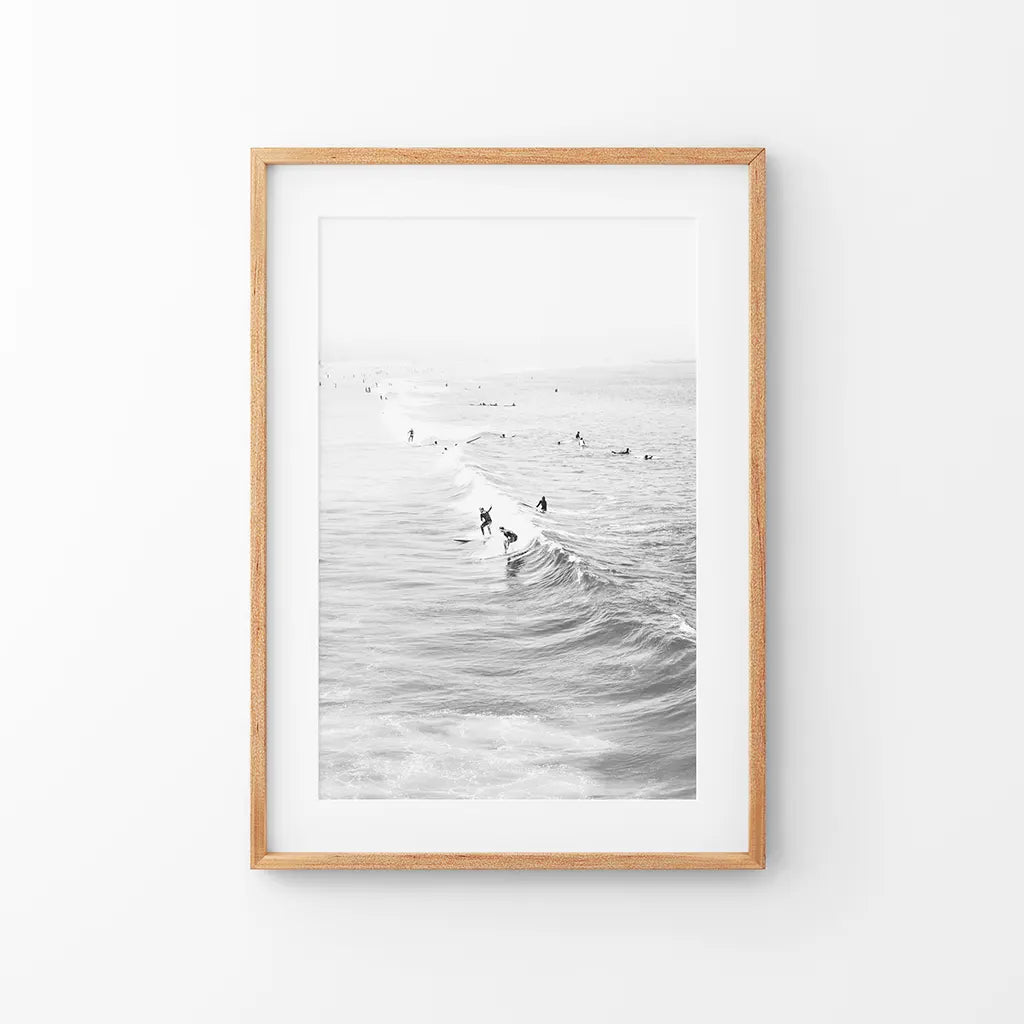 Black White Surfers on the Waves Wall Decor. Thin Wood Frame with Mat