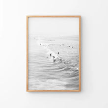 Load image into Gallery viewer, Black White Surfers on the Waves Wall Decor. Thin Wood Frame

