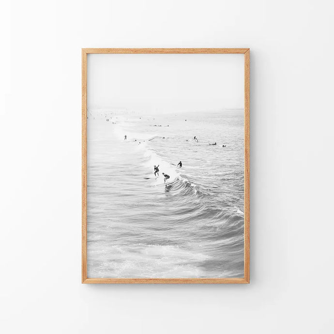 Black White Surfers on the Waves Wall Decor. Thin Wood Frame