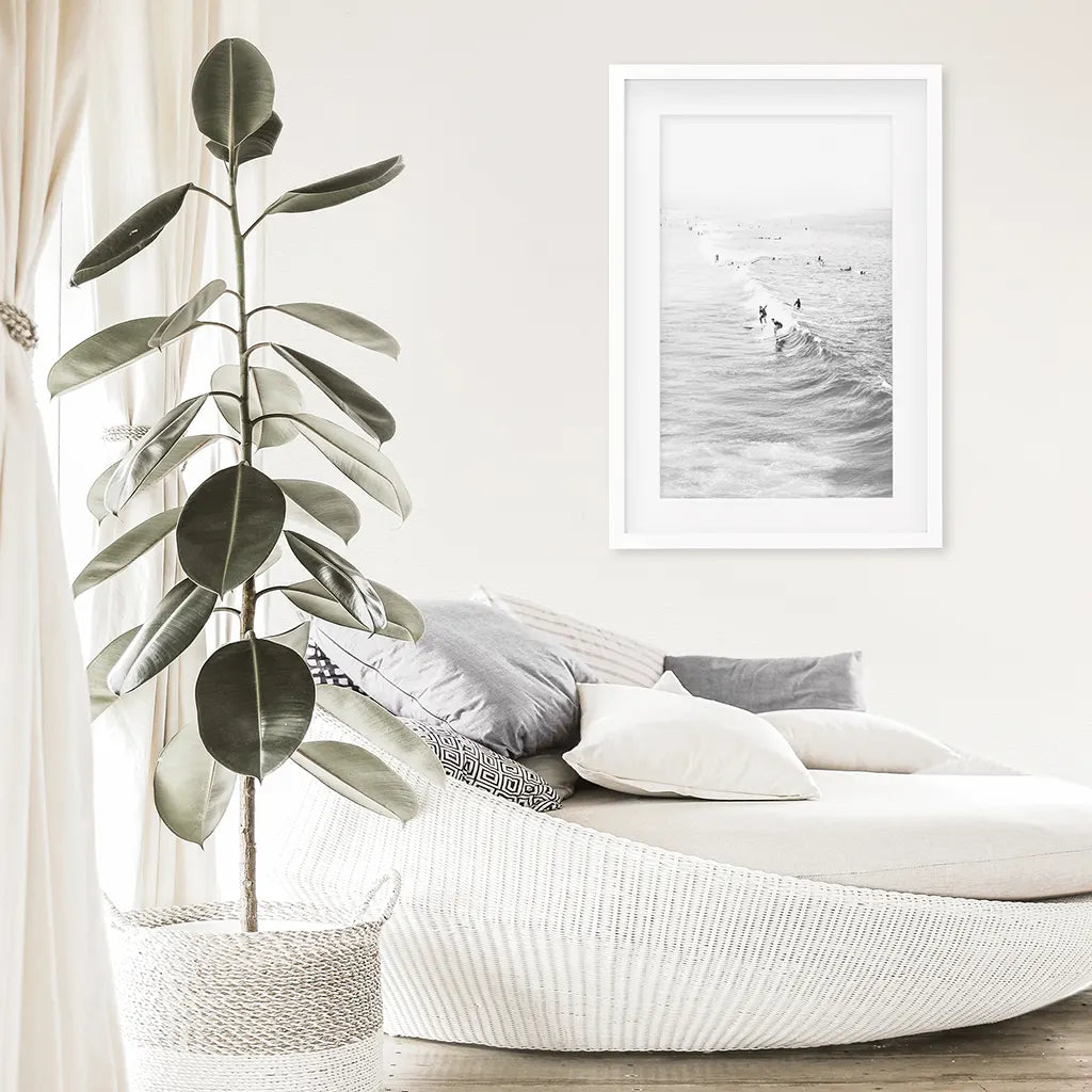 Black White Surfers on the Waves Wall Decor. White Frame with Mat