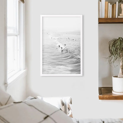 Black White Surfers on the Waves Wall Decor. White Frame