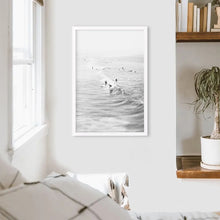 Load image into Gallery viewer, Black White Surfers on the Waves Wall Decor. White Frame
