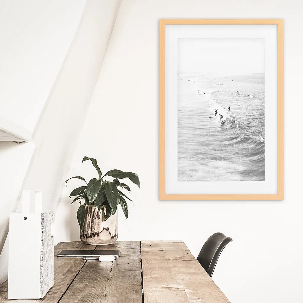 Black White Surfers on the Waves Wall Decor. Wood Frame with Mat