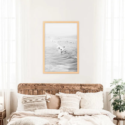 Black White Surfers on the Waves Wall Decor. Wood Frame