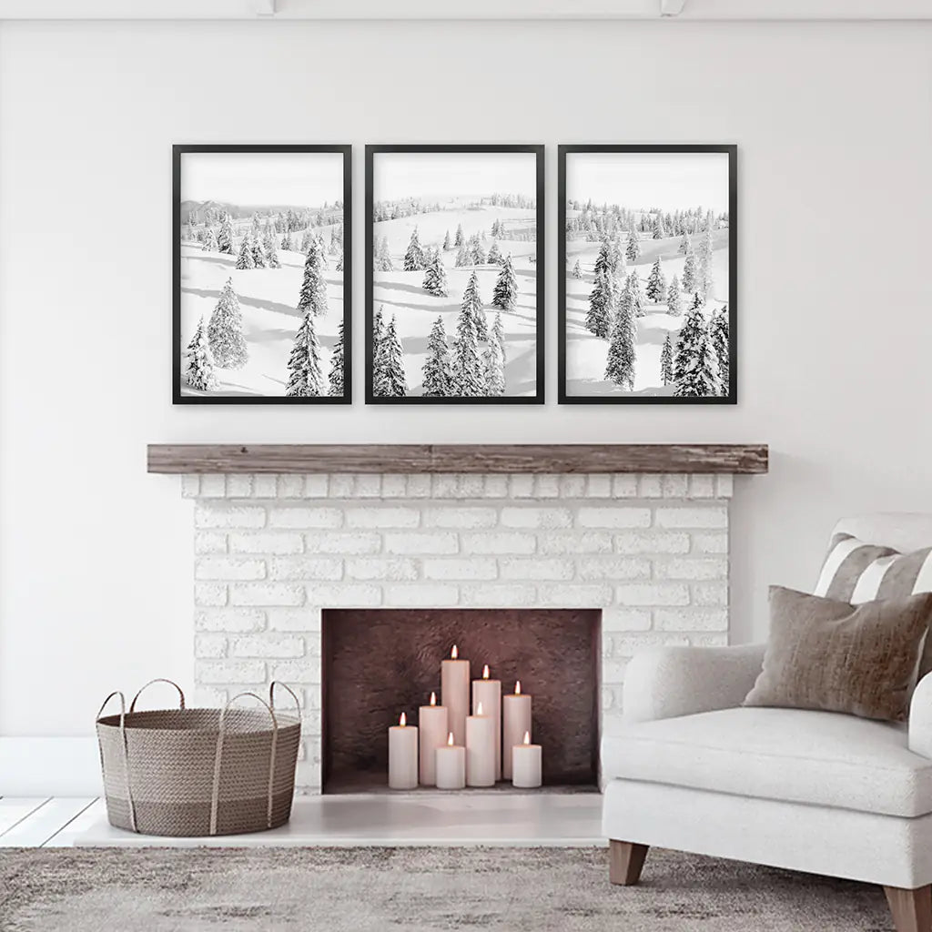 3 Pieces Black White Winter Nordic Forest Wall Art Set. Black Frames