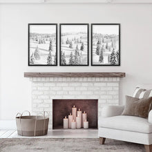 Load image into Gallery viewer, 3 Pieces Black White Winter Nordic Forest Wall Art Set. Black Frames
