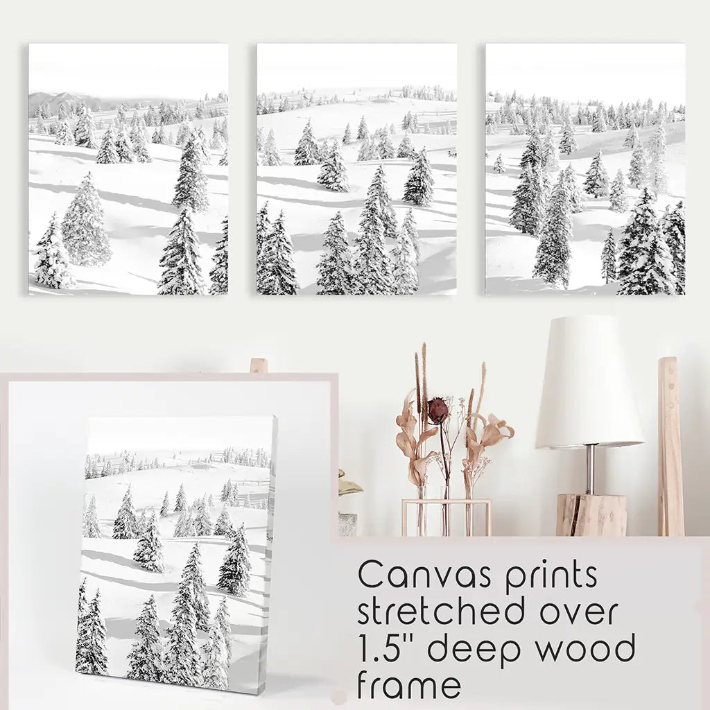 3 Pieces Black White Winter Nordic Forest Wall Art Set. Canvas Prints