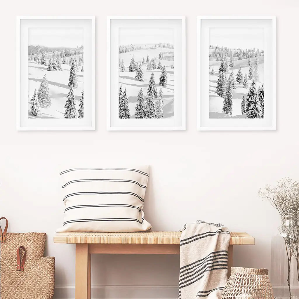 3 Pieces Black White Winter Nordic Forest Wall Art Set. White Frames with Mat