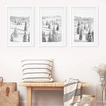 Load image into Gallery viewer, 3 Pieces Black White Winter Nordic Forest Wall Art Set. White Frames with Mat
