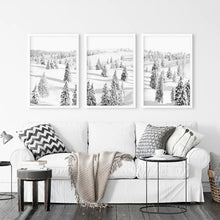 Load image into Gallery viewer, 3 Pieces Black White Winter Nordic Forest Wall Art Set. White Frames
