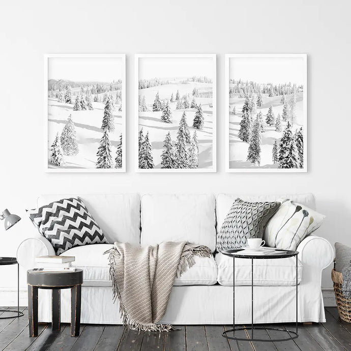 3 Pieces Black White Winter Nordic Forest Wall Art Set. White Frames