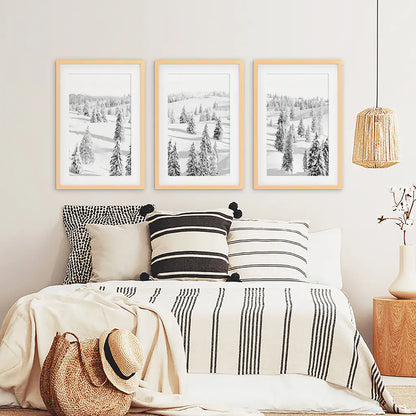 3 Pieces Black White Winter Nordic Forest Wall Art Set. Wood Frames with Mat