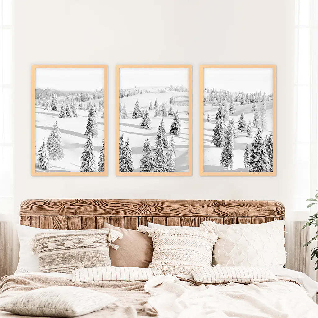 3 Pieces Black White Winter Nordic Forest Wall Art Set. Wood Frames