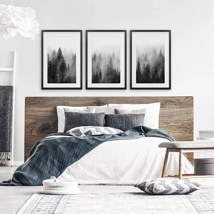 Black and White Foggy Pine Tree Forest Triptych. Set of 3 Black Frames with Mat