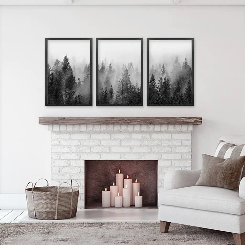 Black and White Foggy Pine Tree Forest Triptych. Set of 3 Black Frames