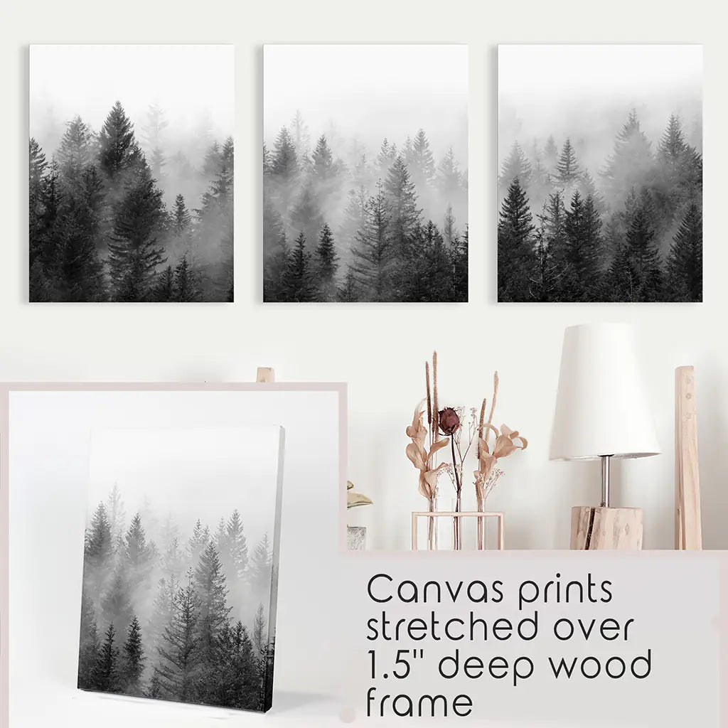 Black and White Foggy Pine Tree Forest Triptych. Set of 3 Wrapped Canvas Prints