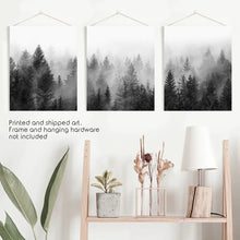Load image into Gallery viewer, Black and White Foggy Pine Tree Forest Triptych. Set of 3 Unframed Prints
