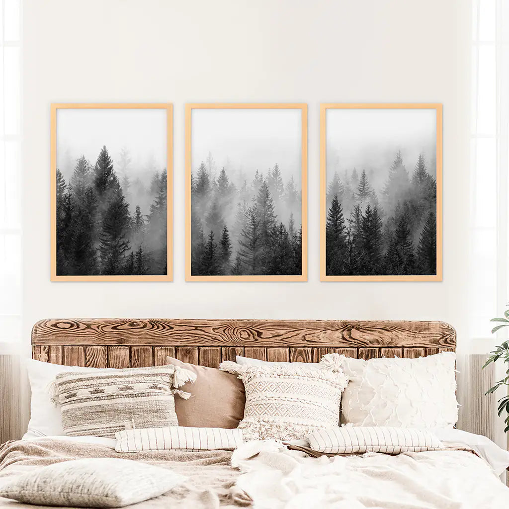 Black and White Foggy Pine Tree Forest Triptych. Set of 3 Wood Frames