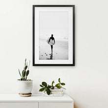 Load image into Gallery viewer, Black White Modern Surfer Photo. Coastal Life. Black Frame with Mat
