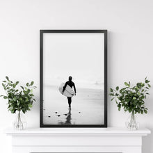 Load image into Gallery viewer, Black White Modern Surfer Photo. Coastal Life. Black Frame
