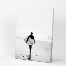 Load image into Gallery viewer, Black White Modern Surfer Photo. Coastal Life. Canvas Print
