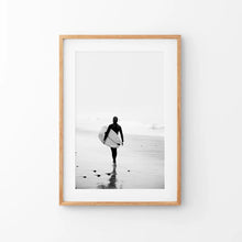 Load image into Gallery viewer, Black White Modern Surfer Photo. Coastal Life. Thin Wood Frame with Mat
