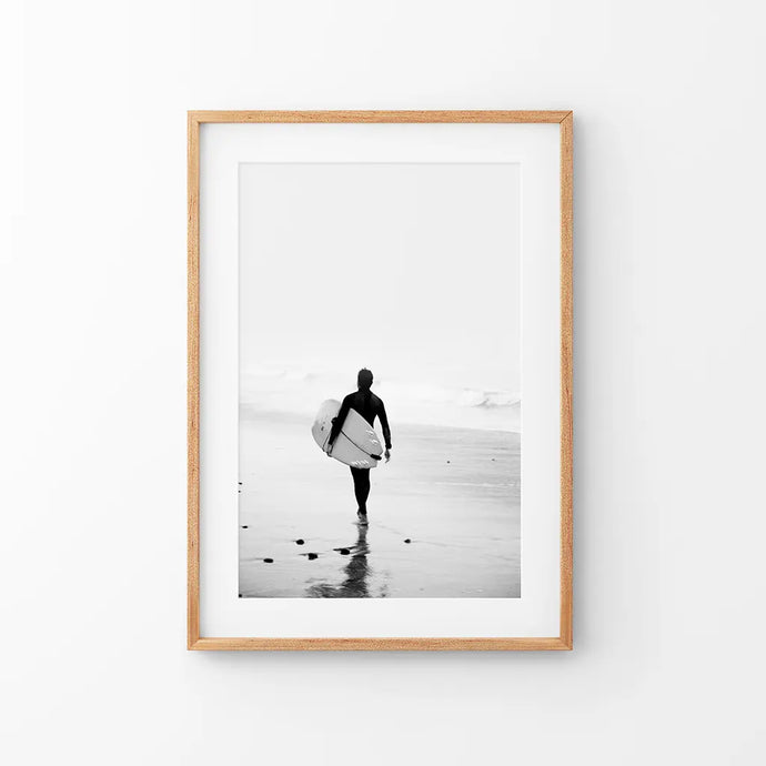 Black White Modern Surfer Photo. Coastal Life. Thin Wood Frame with Mat