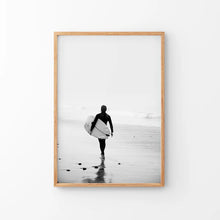 Load image into Gallery viewer, Black White Modern Surfer Photo. Coastal Life. Thin Wood Frame
