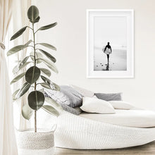 Load image into Gallery viewer, Black White Modern Surfer Photo. Coastal Life. White Frame with Mat
