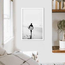Load image into Gallery viewer, Black White Modern Surfer Photo. Coastal Life. White Frame
