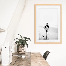 Load image into Gallery viewer, Black White Modern Surfer Photo. Coastal Life. Wood Frame with Mat

