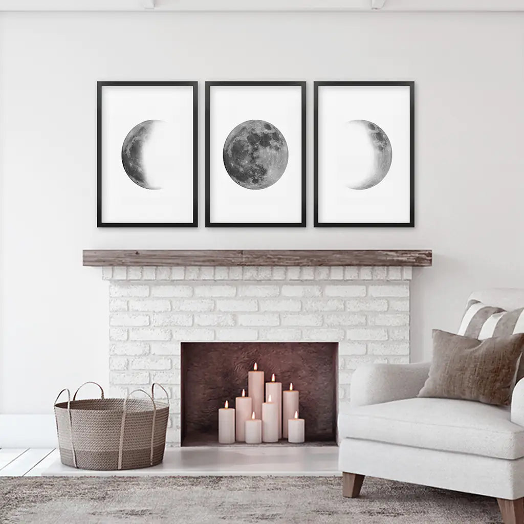 Black White MInimalist Moon Phases Wall Art. Set of 3 Prints