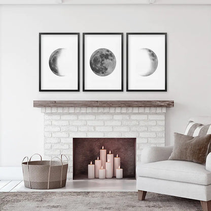 Black White MInimalist Moon Phases Wall Art. Set of 3 Prints