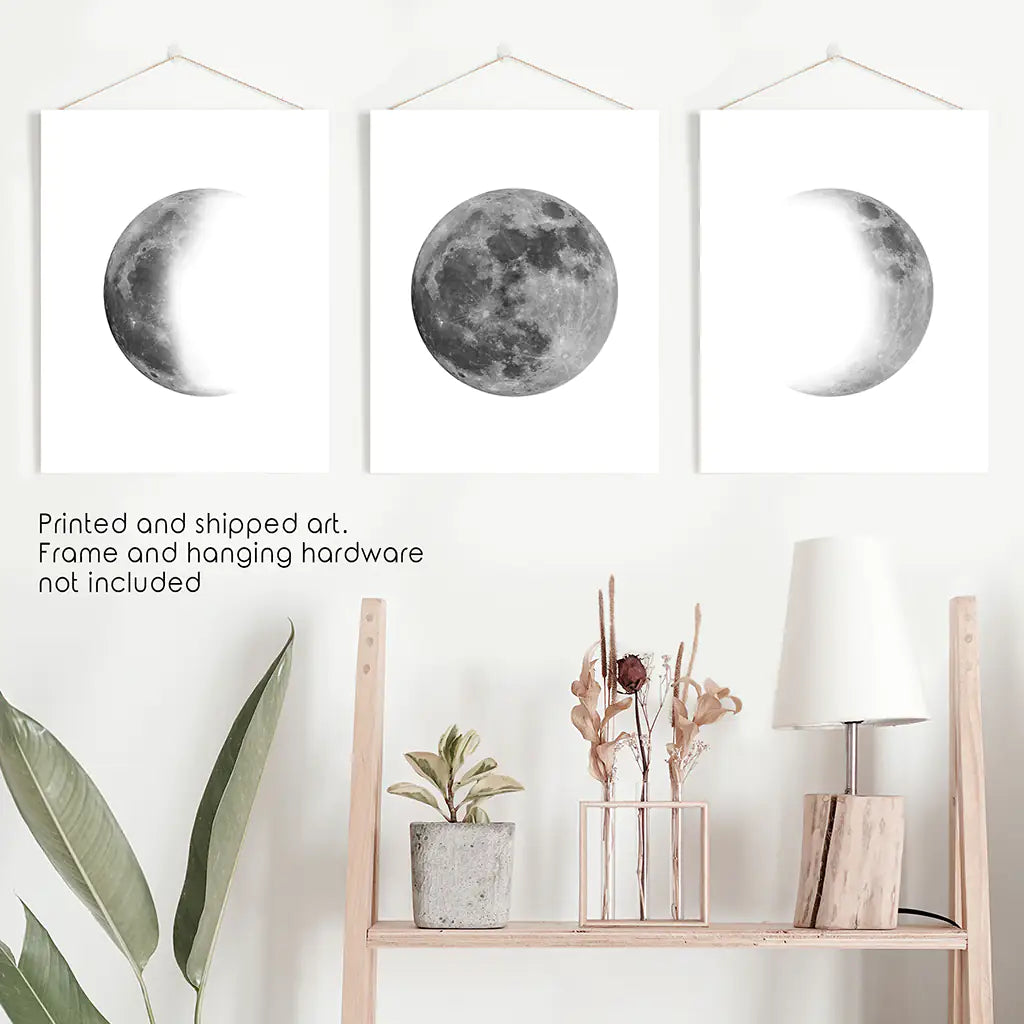 Black White MInimalist Moon Phases Wall Art. Set of 3 Prints