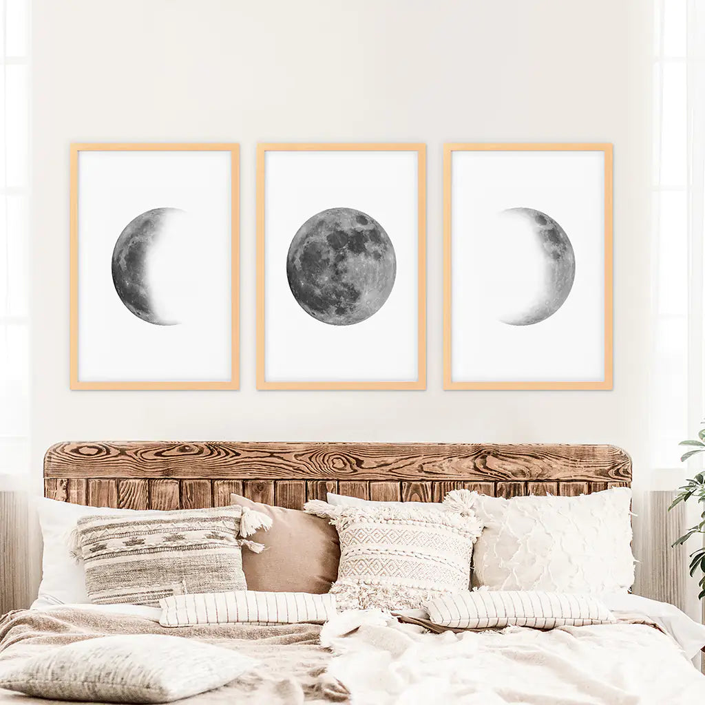 Black White MInimalist Moon Phases Wall Art. Set of 3 Prints