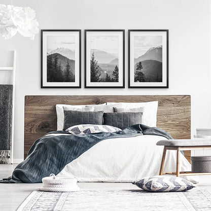 Set of 3 Black White Mountain Forest Prints. Scandi Wall Art