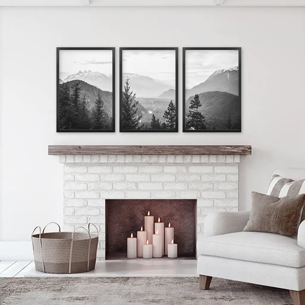 Set of 3 Black White Mountain Forest Prints. Scandi Wall Art