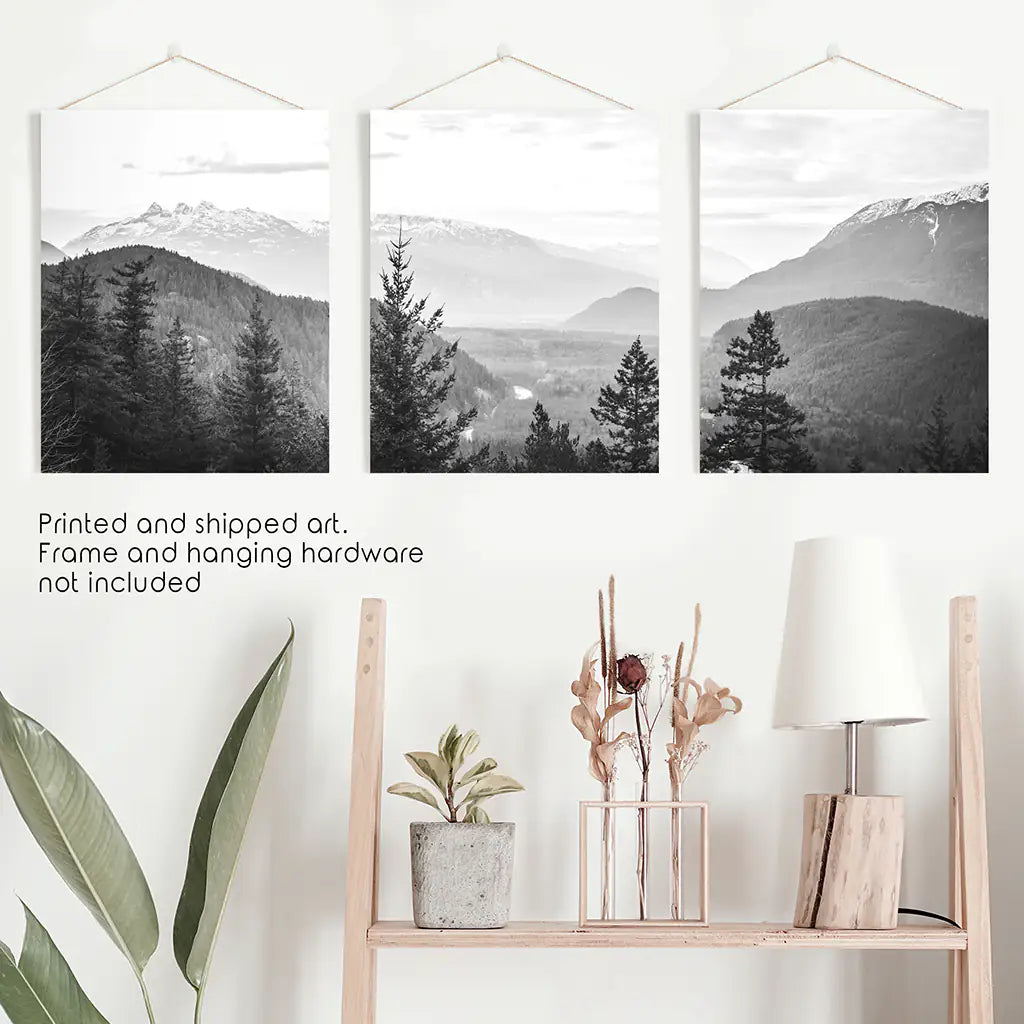 Set of 3 Black White Mountain Forest Prints. Scandi Wall Art
