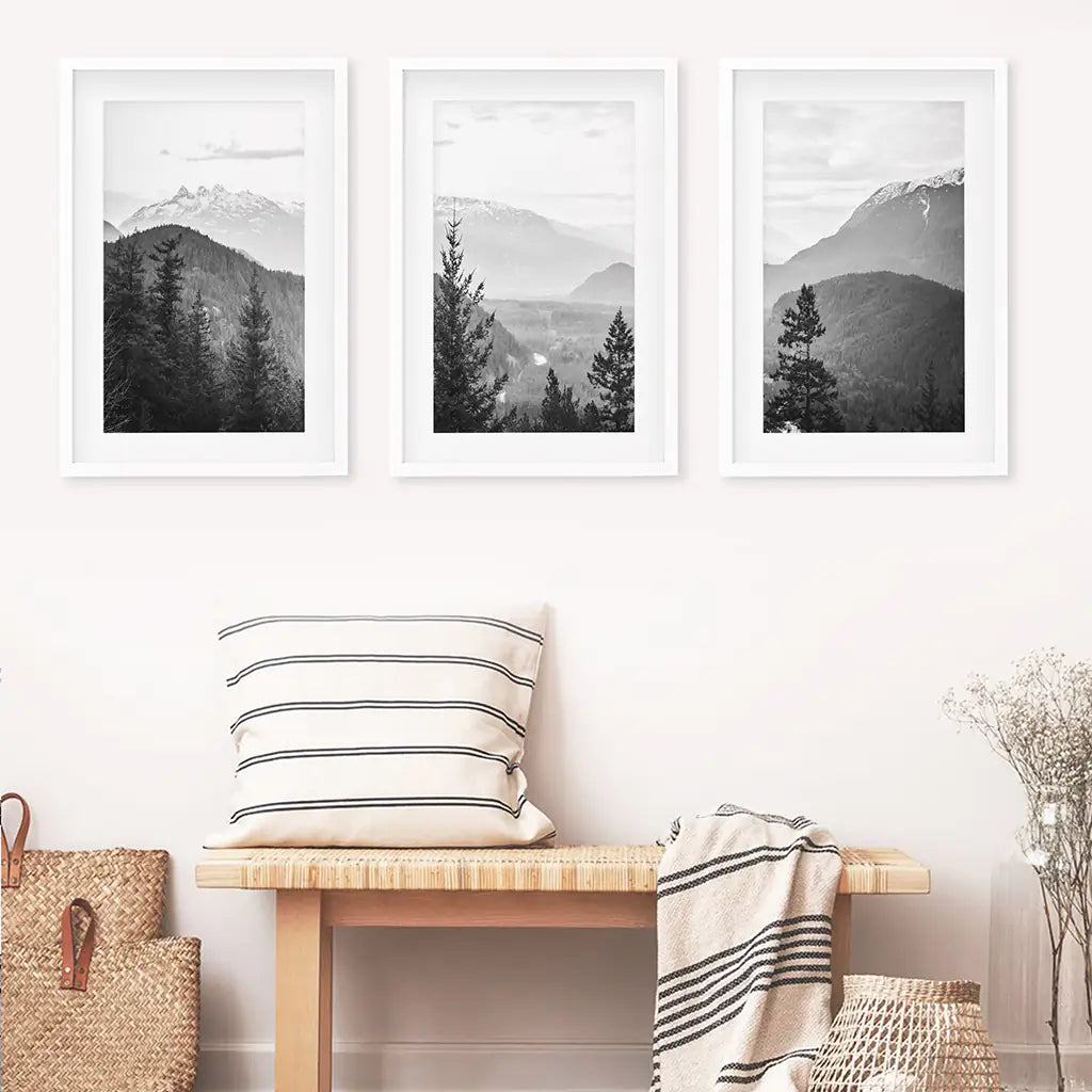 Set of 3 Black White Mountain Forest Prints. Scandi Wall Art