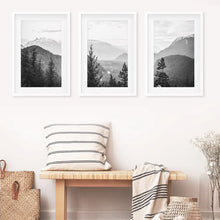 Load image into Gallery viewer, Set of 3 Black White Mountain Forest Prints. Scandi Wall Art
