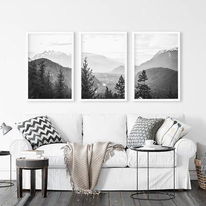 Set of 3 Black White Mountain Forest Prints. Scandi Wall Art