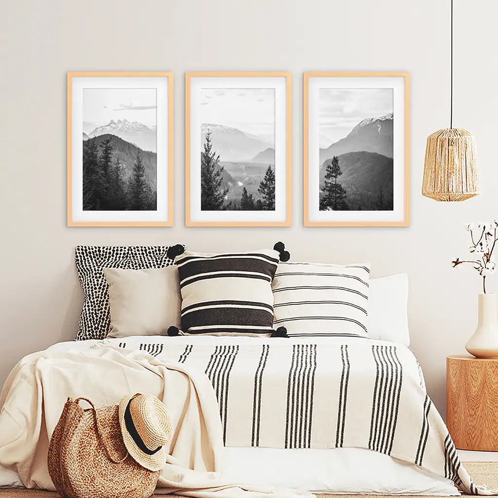 Set of 3 Black White Mountain Forest Prints. Scandi Wall Art