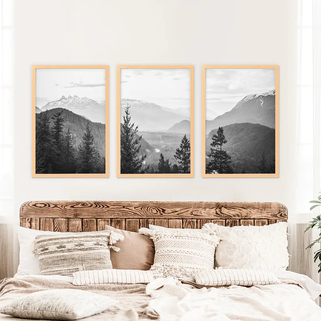 Set of 3 Black White Mountain Forest Prints. Scandi Wall Art