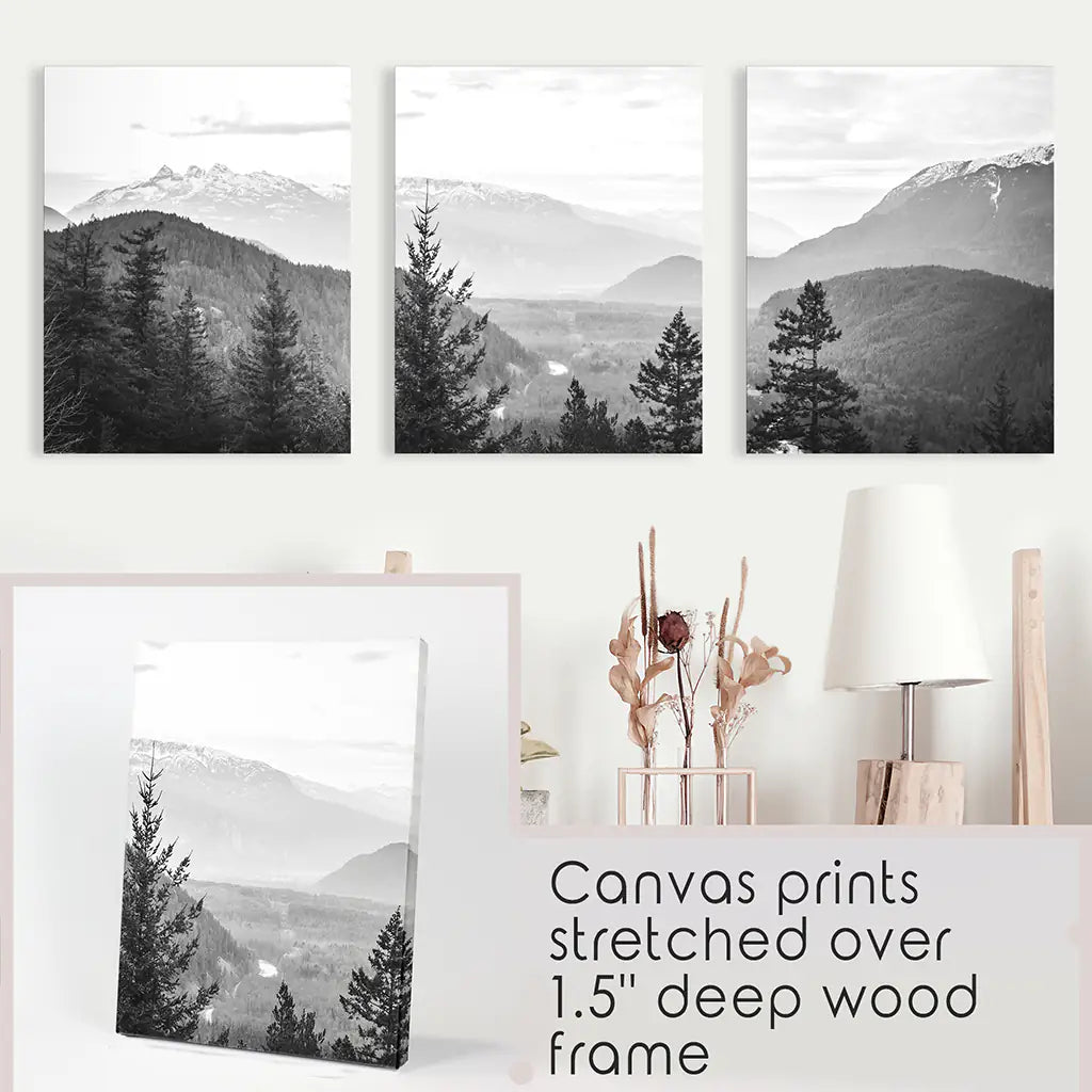 Set of 3 Black White Mountain Forest Prints. Scandi Wall Art