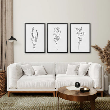 Minimalist Black White Botanical Line Art. Set of 3 Prints