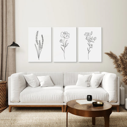 Minimalist Black White Botanical Line Art. Set of 3 Prints