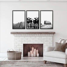 Load image into Gallery viewer, Black White Harvest on a Farm Wall Art. Cow, Hay Bale, Barn
