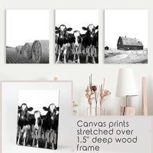 Load image into Gallery viewer, Black White Harvest on a Farm Wall Art. Cow, Hay Bale, Barn
